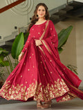 Striking Red Sequins Embroidery Chinon Engagement Wear Gown With Dupatta - Zeel Clothing