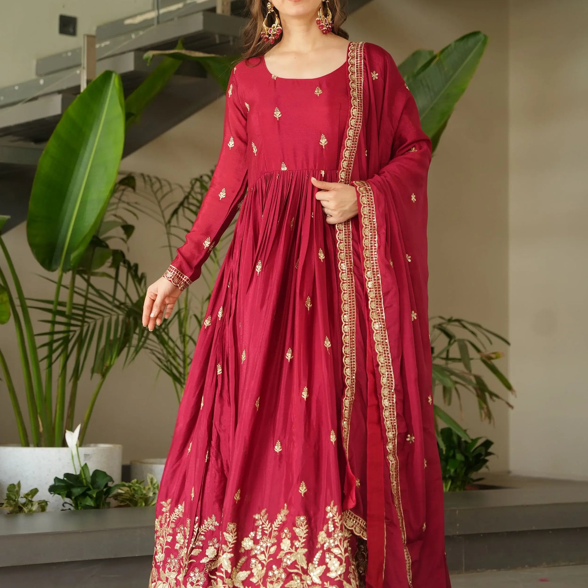 Striking Red Sequins Embroidery Chinon Engagement Wear Gown With Dupatta - Zeel Clothing