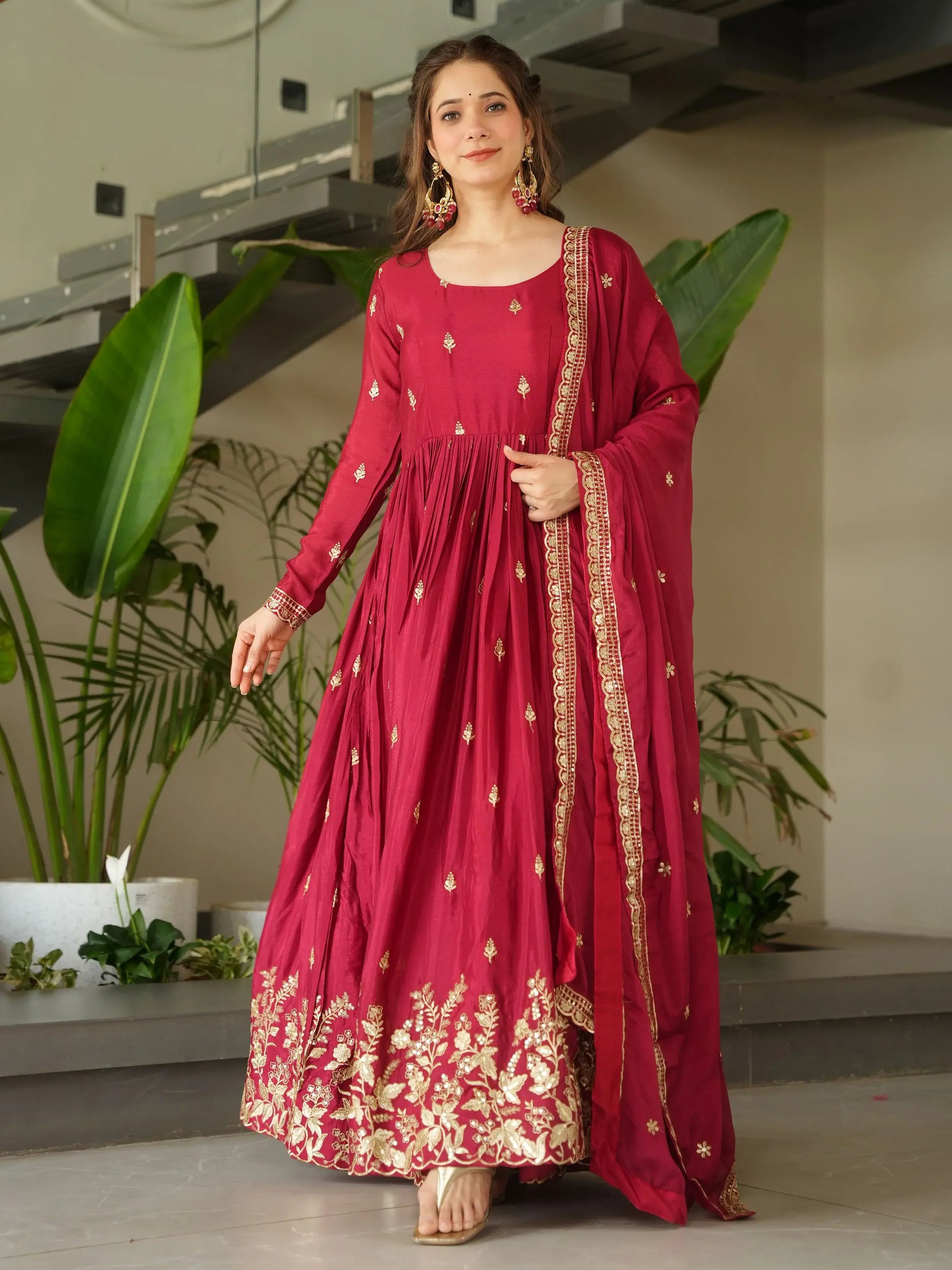 Striking Red Sequins Embroidery Chinon Engagement Wear Gown With Dupatta - Zeel Clothing
