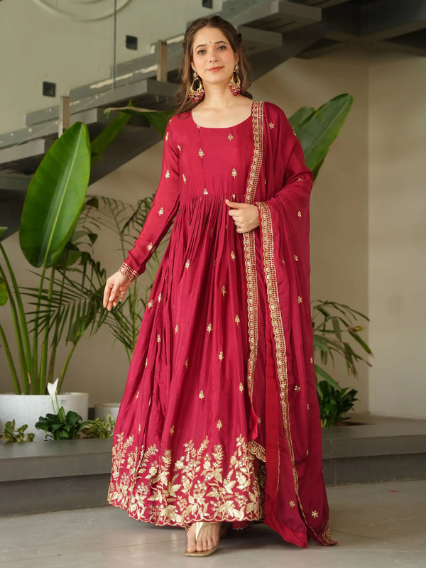 Striking Red Sequins Embroidery Chinon Engagement Wear Gown With Dupatta - Zeel Clothing