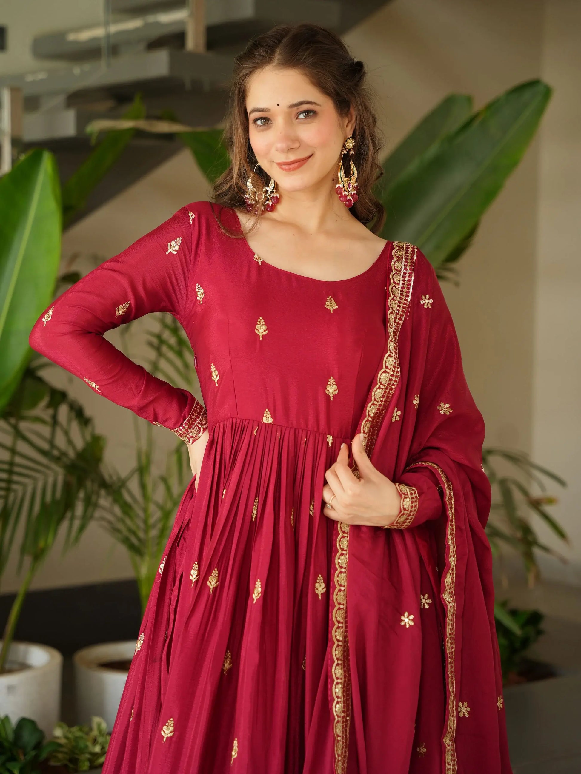 Striking Red Sequins Embroidery Chinon Engagement Wear Gown With Dupatta - Zeel Clothing