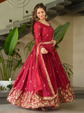 Striking Red Sequins Embroidery Chinon Engagement Wear Gown With Dupatta - Zeel Clothing