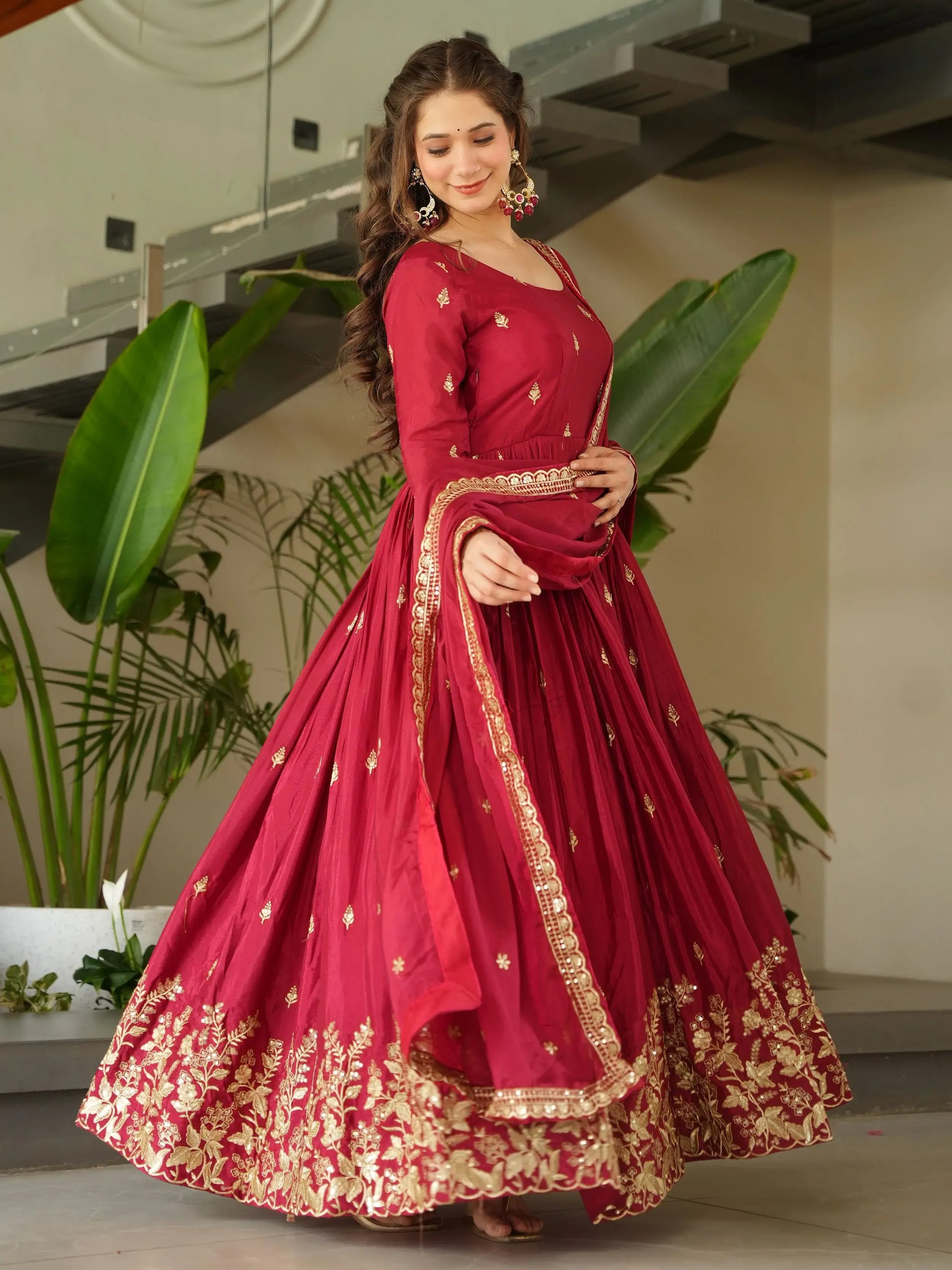 Striking Red Sequins Embroidery Chinon Engagement Wear Gown With Dupatta - Zeel Clothing