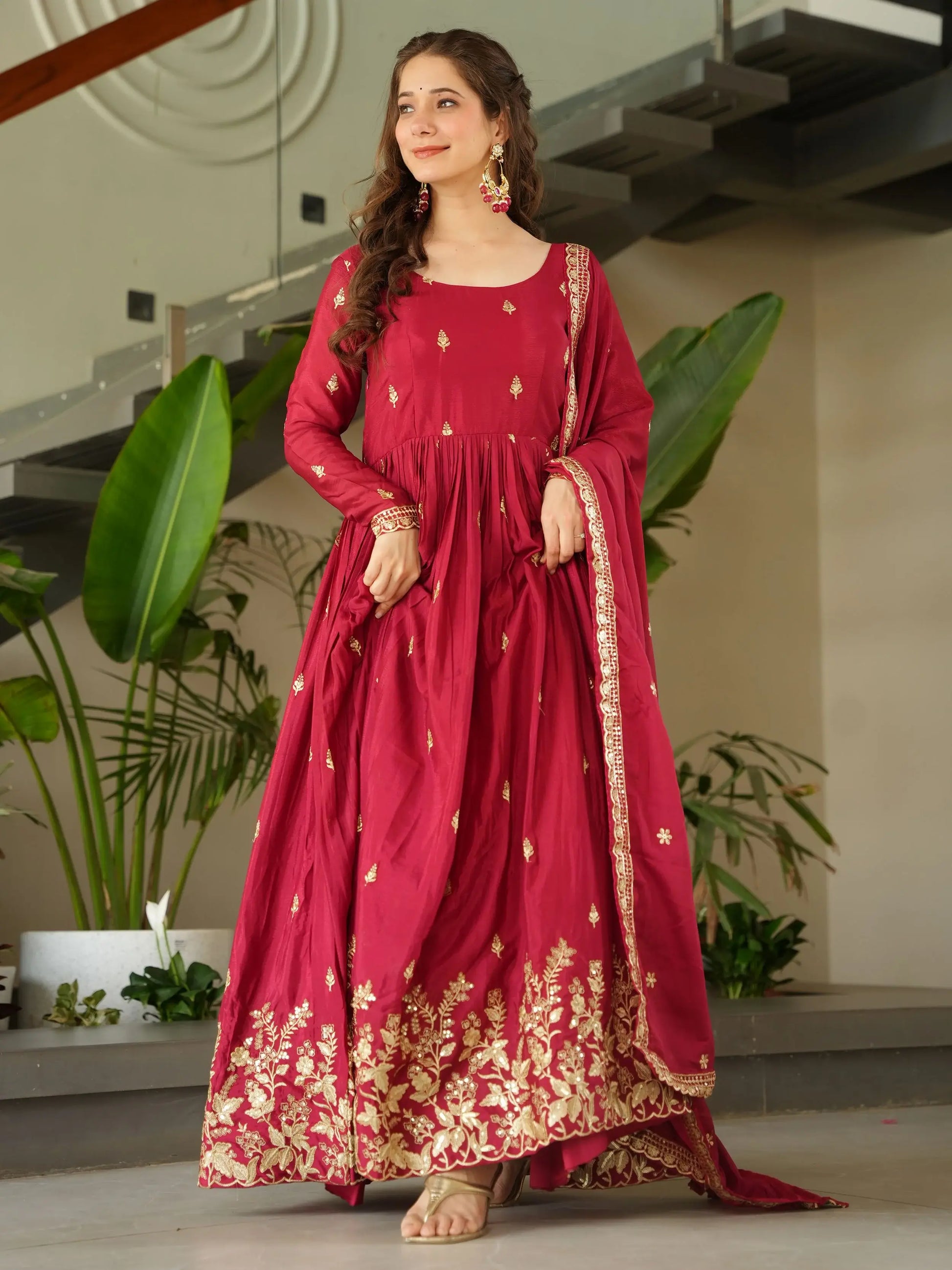 Striking Red Sequins Embroidery Chinon Engagement Wear Gown With Dupatta - Zeel Clothing