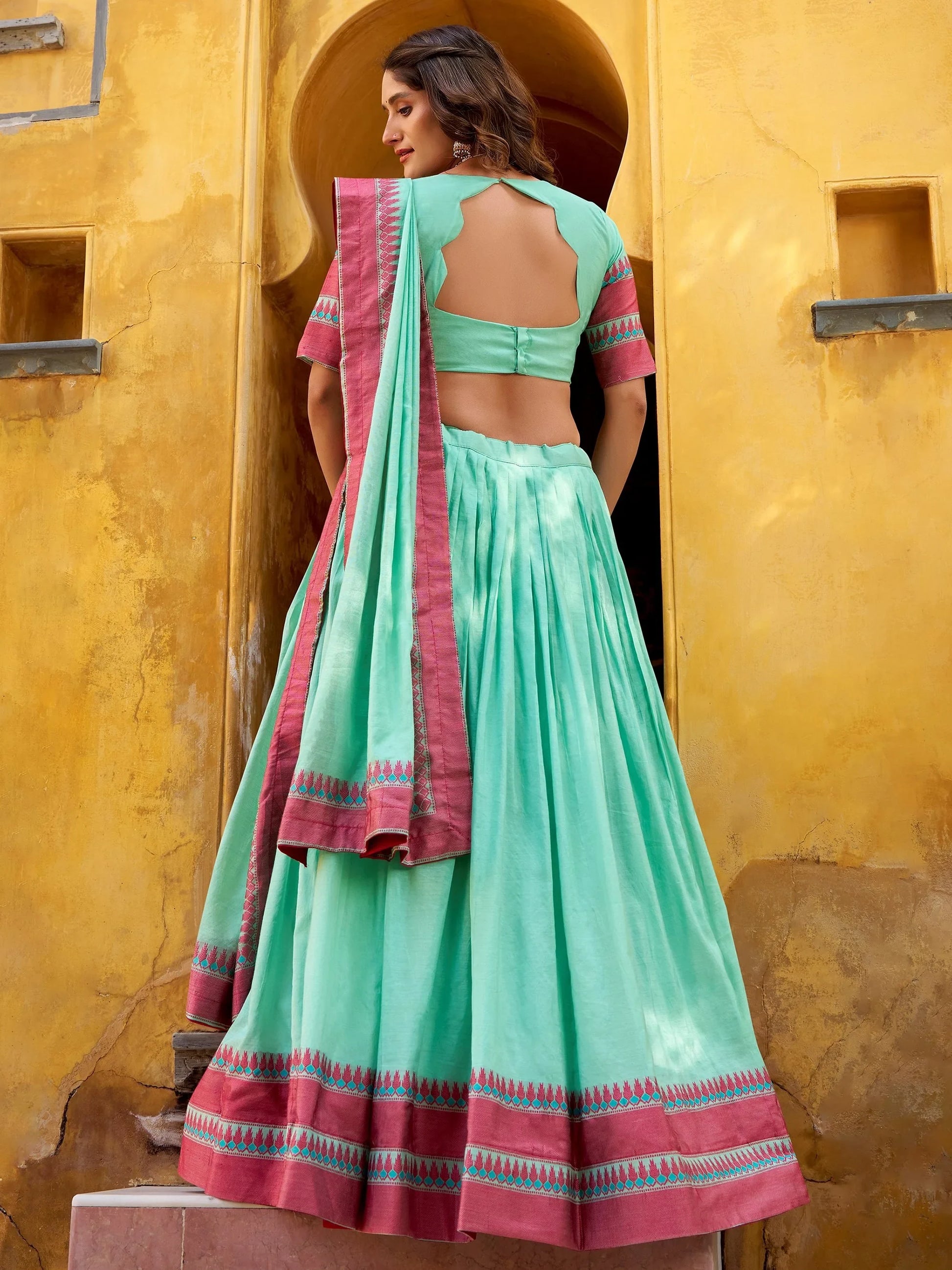 Striking Sky Blue Embroidered Chanderi Marriage Wear Lehenga With Blouse