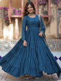 Striking Teal Blue Georgette Event Wear Gown With Dupatta - Zeel Clothing