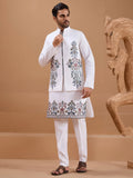 Striking White Embroidered Viscose Silk Wedding Wear Men Kurta Pant With Jacket