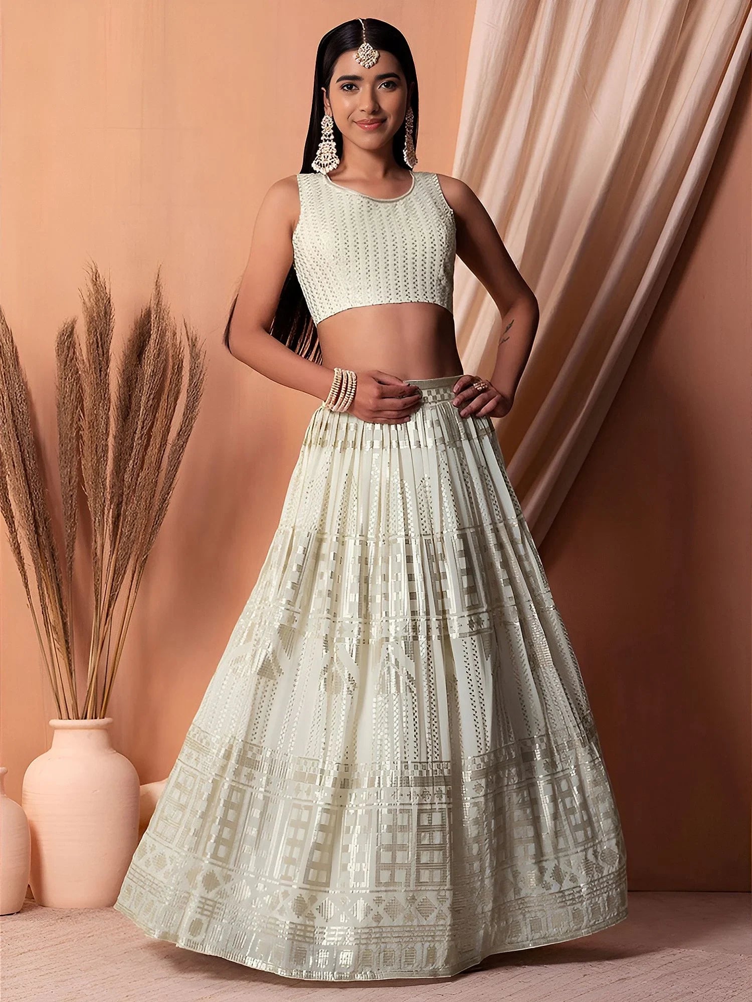 Striking White Sequins Georgette Evening Wear Lehenga Choli With Dupatta