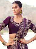 Striking Wine Thread Embroidery Satin Reception Wear Saree With Blouse