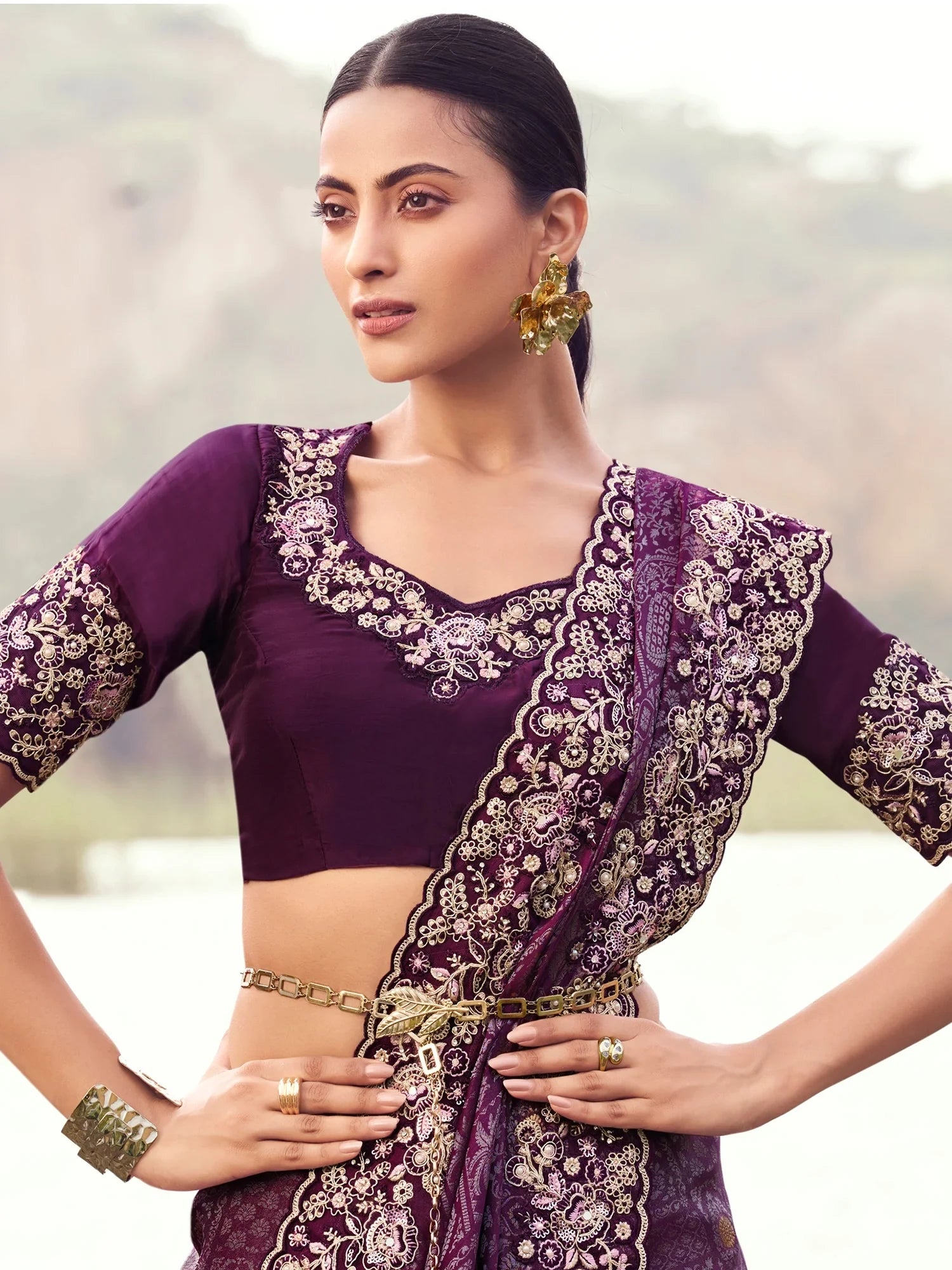 Striking Wine Thread Embroidery Satin Reception Wear Saree With Blouse