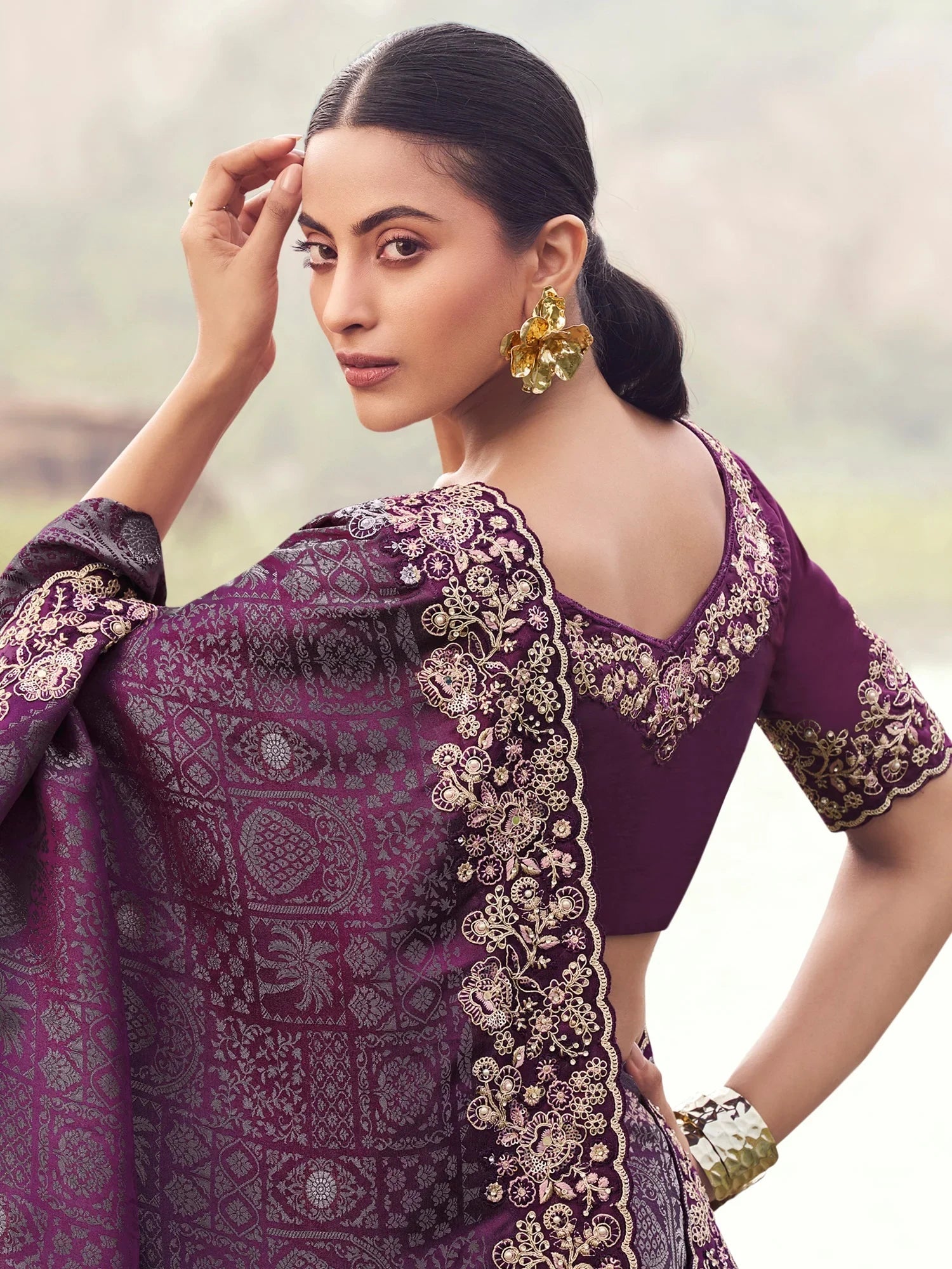 Striking Wine Thread Embroidery Satin Reception Wear Saree With Blouse