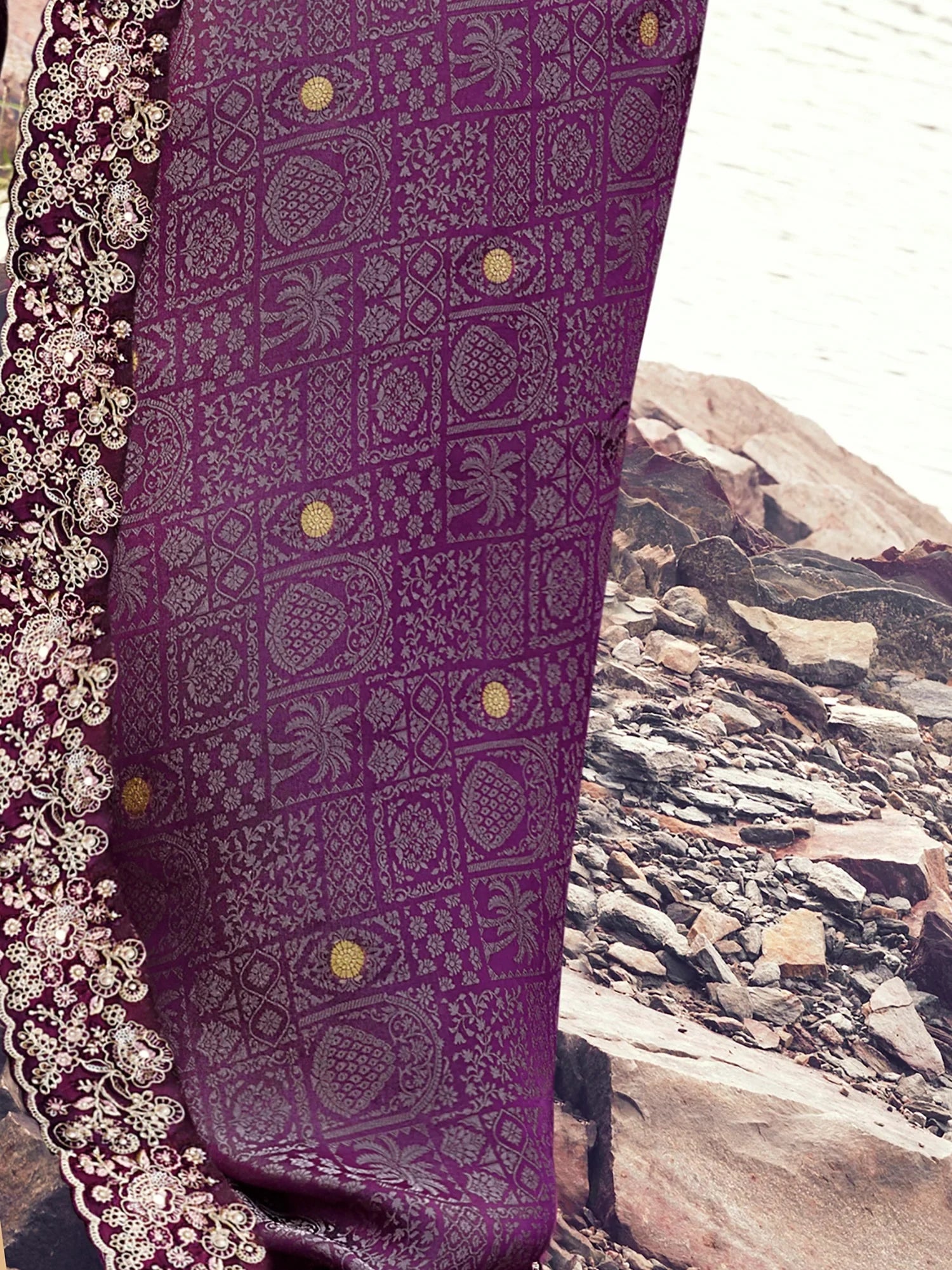 Striking Wine Thread Embroidery Satin Reception Wear Saree With Blouse