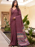 Striking Wine Zig-Zag Printed Crepe Casual Wear Saree With Blouse