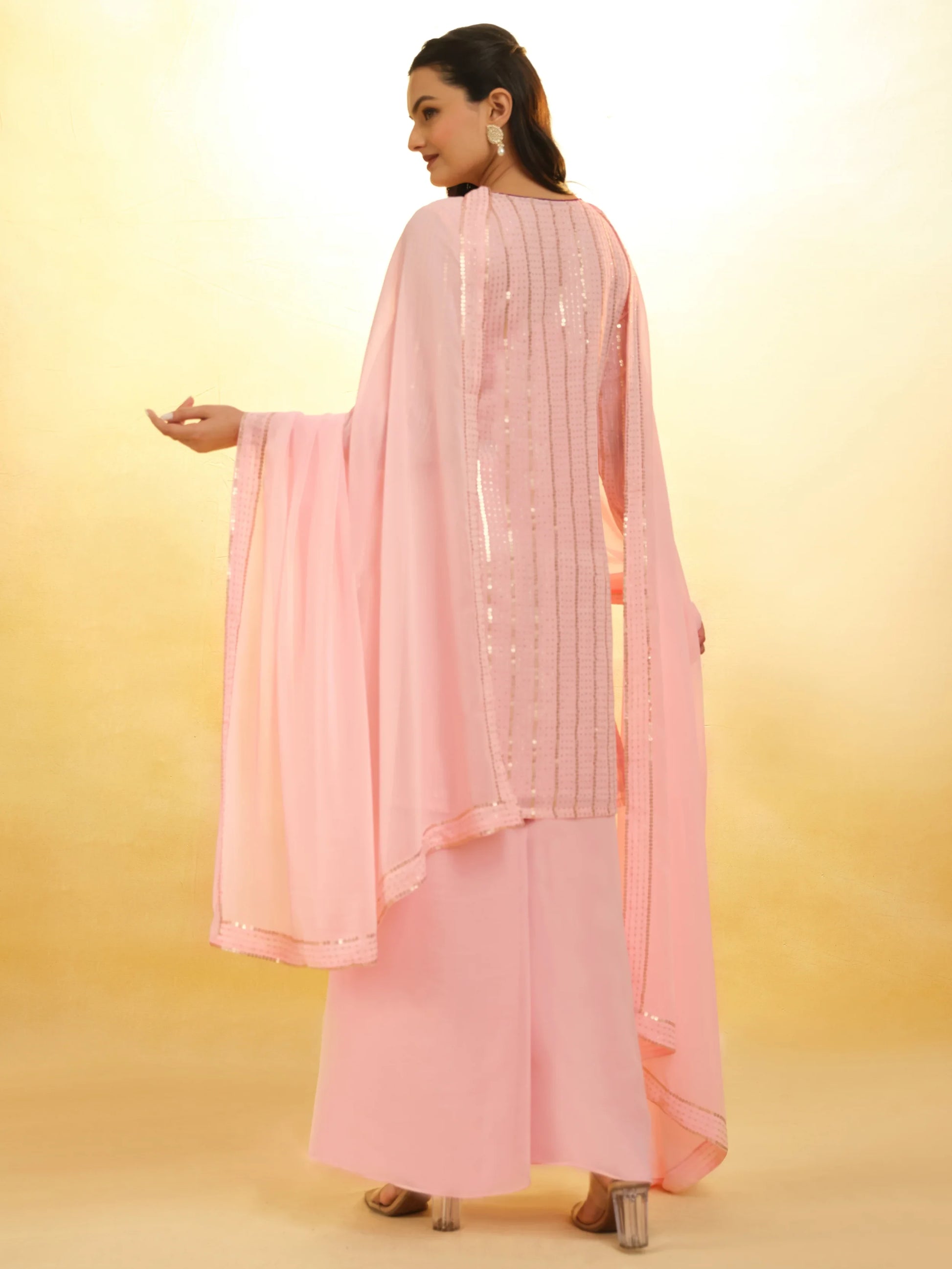 Stunning Baby Pink Sequins Georgette Festival Wear Palazzo Suit - Zeel Clothing