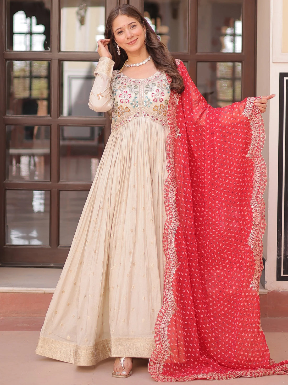 Stunning Beige Bead Work Jacquard Wedding Wear Gown With Red Dupatta - Zeel Clothing