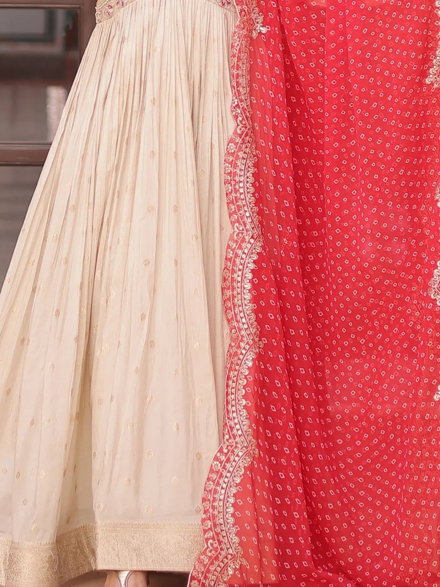 Stunning Beige Bead Work Jacquard Wedding Wear Gown With Red Dupatta - Zeel Clothing