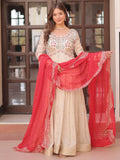 Stunning Beige Bead Work Jacquard Wedding Wear Gown With Red Dupatta - Zeel Clothing