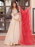 Stunning Beige Bead Work Jacquard Wedding Wear Gown With Red Dupatta - Zeel Clothing