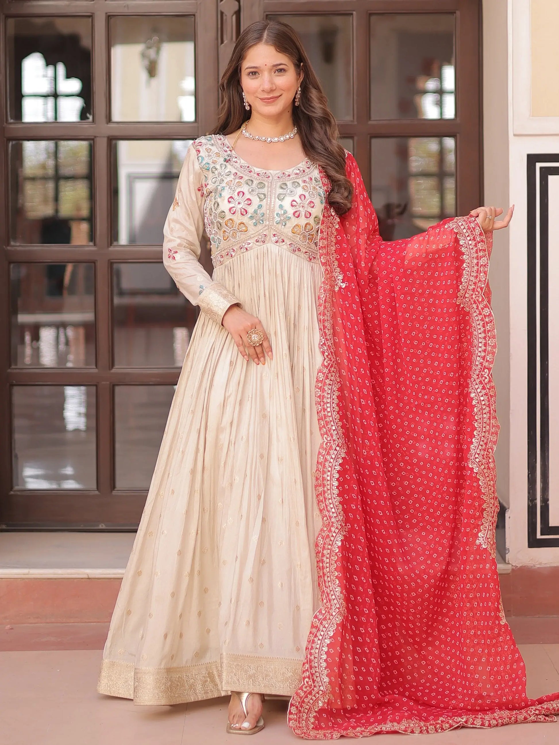Stunning Beige Bead Work Jacquard Wedding Wear Gown With Red Dupatta - Zeel Clothing