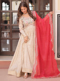 Stunning Beige Bead Work Jacquard Wedding Wear Gown With Red Dupatta - Zeel Clothing