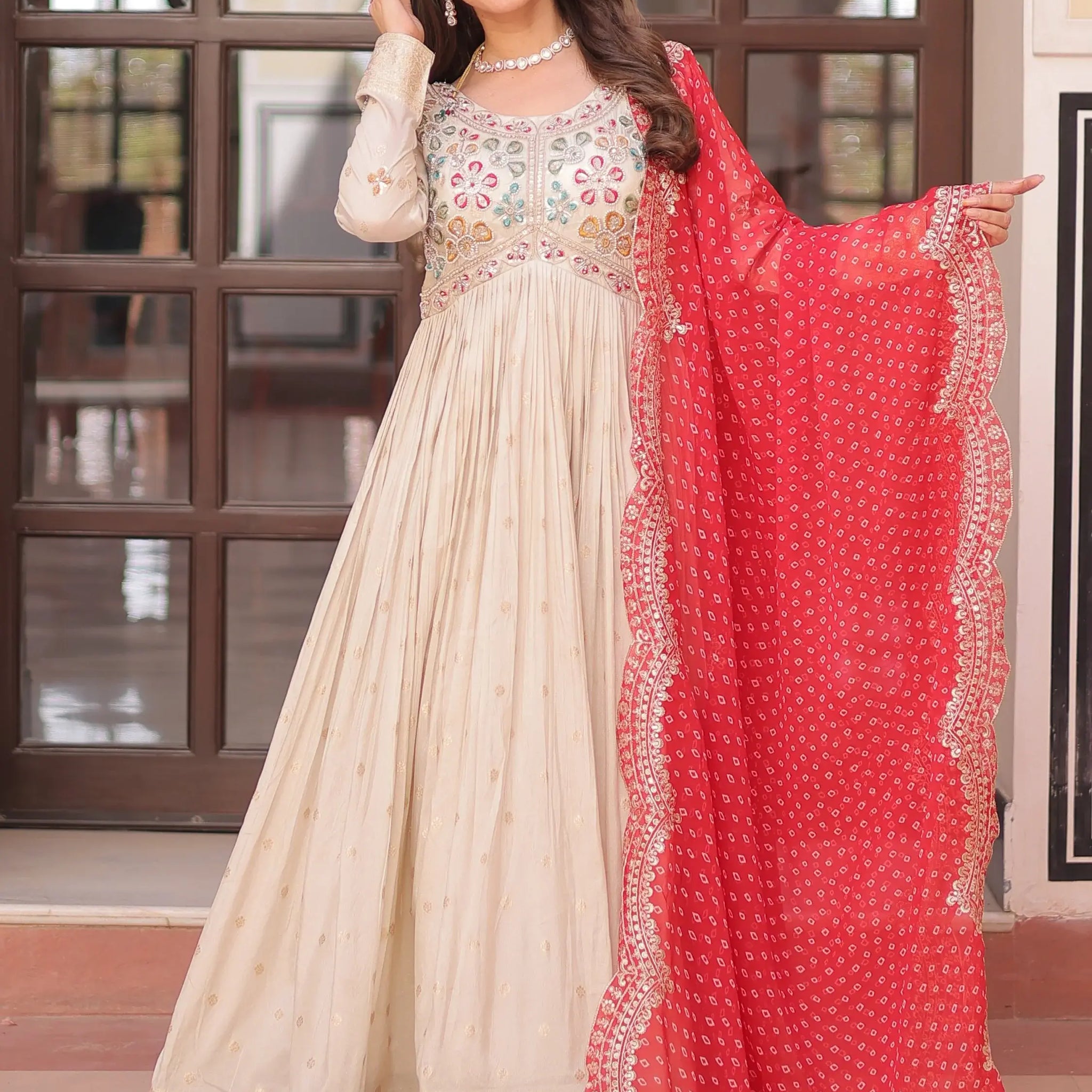 Stunning Beige Bead Work Jacquard Wedding Wear Gown With Red Dupatta - Zeel Clothing