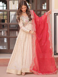 Stunning Beige Bead Work Jacquard Wedding Wear Gown With Red Dupatta - Zeel Clothing