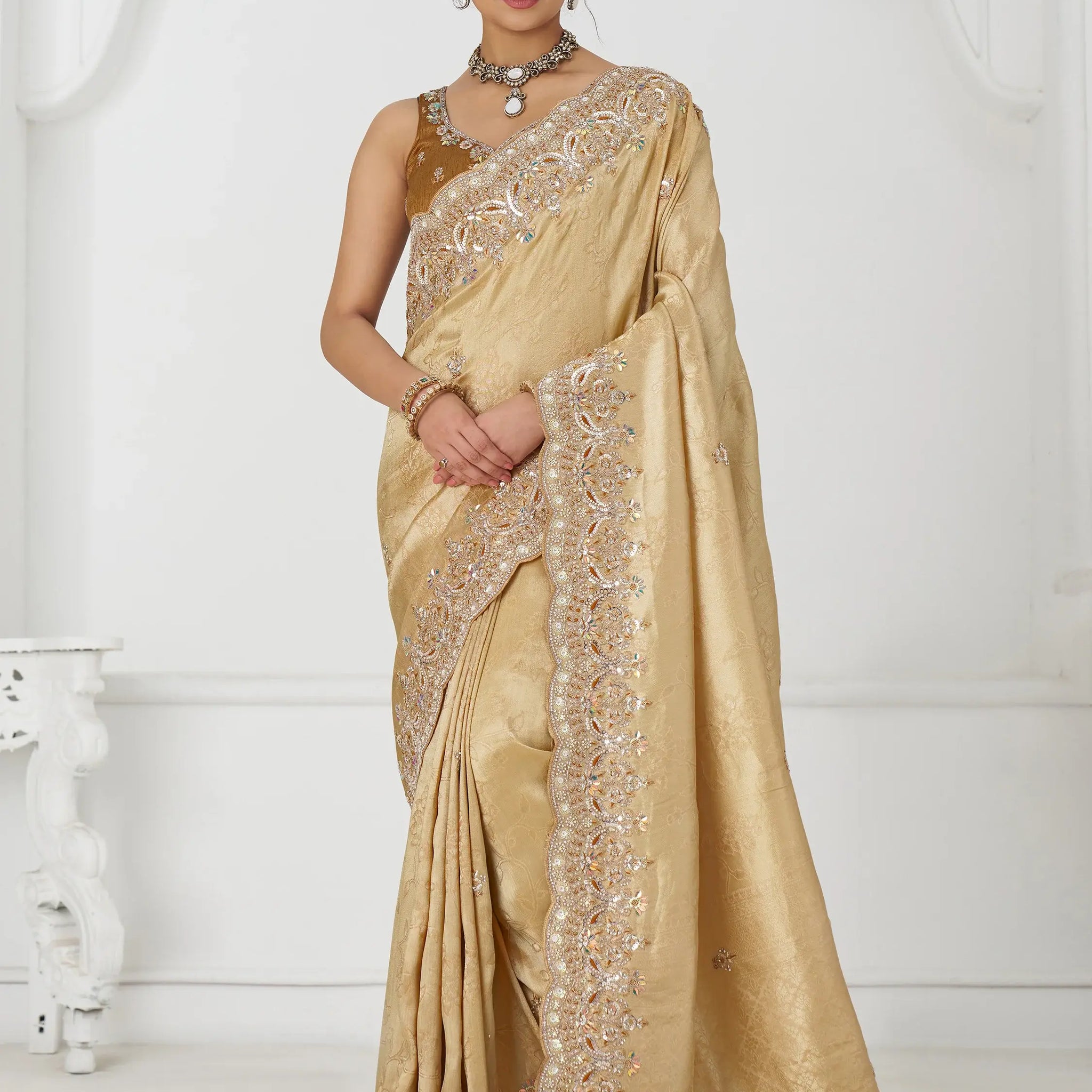 Stunning Beige Dola Silk Border Work Reception Wear Saree - Zeel Clothing