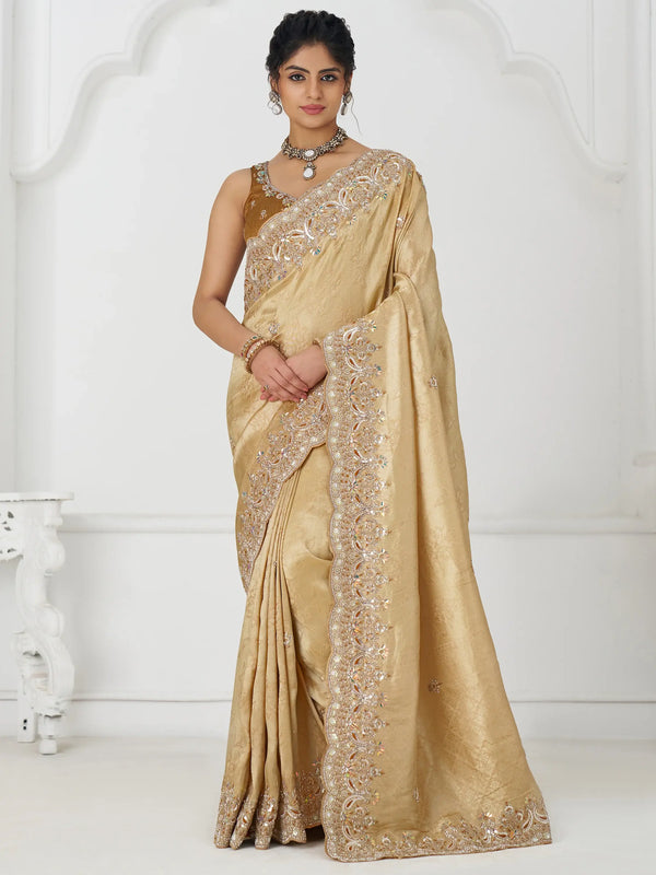 Stunning Beige Dola Silk Border Work Reception Wear Saree - Zeel Clothing