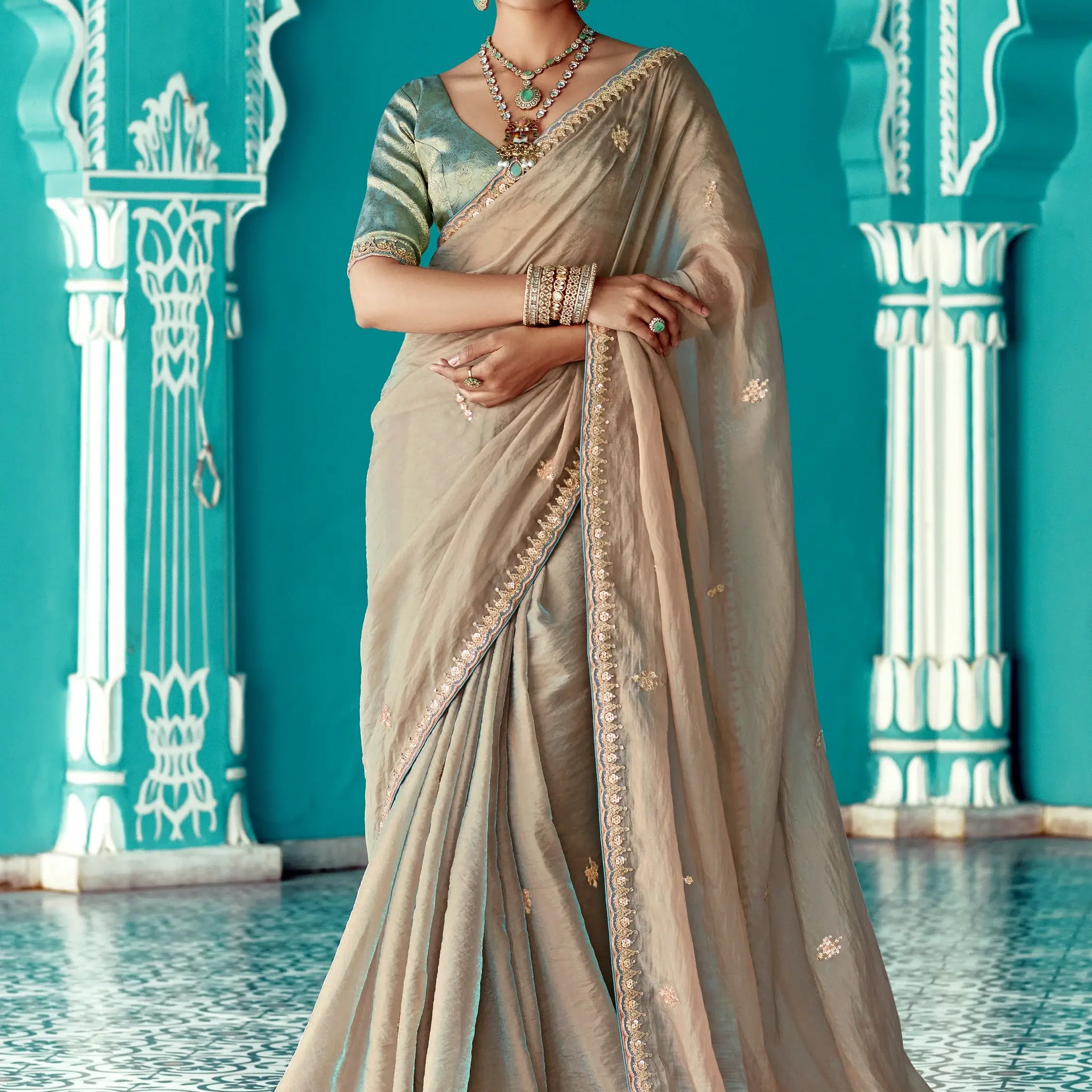 Stunning Beige Embroidered Border Tissue Silk Festive Wear Saree - Zeel Clothing