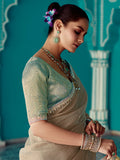 Stunning Beige Embroidered Border Tissue Silk Festive Wear Saree - Zeel Clothing