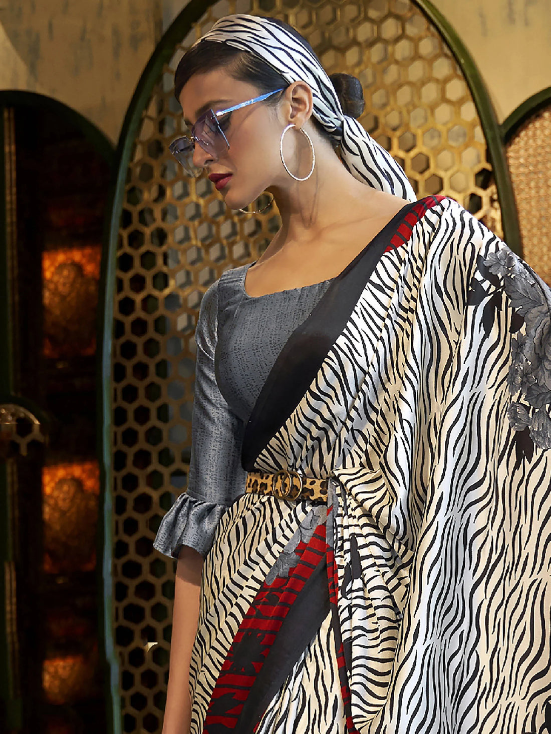 Stunning Black and White Printed Satin Party Wear Saree With Blouse - Zeel Clothing