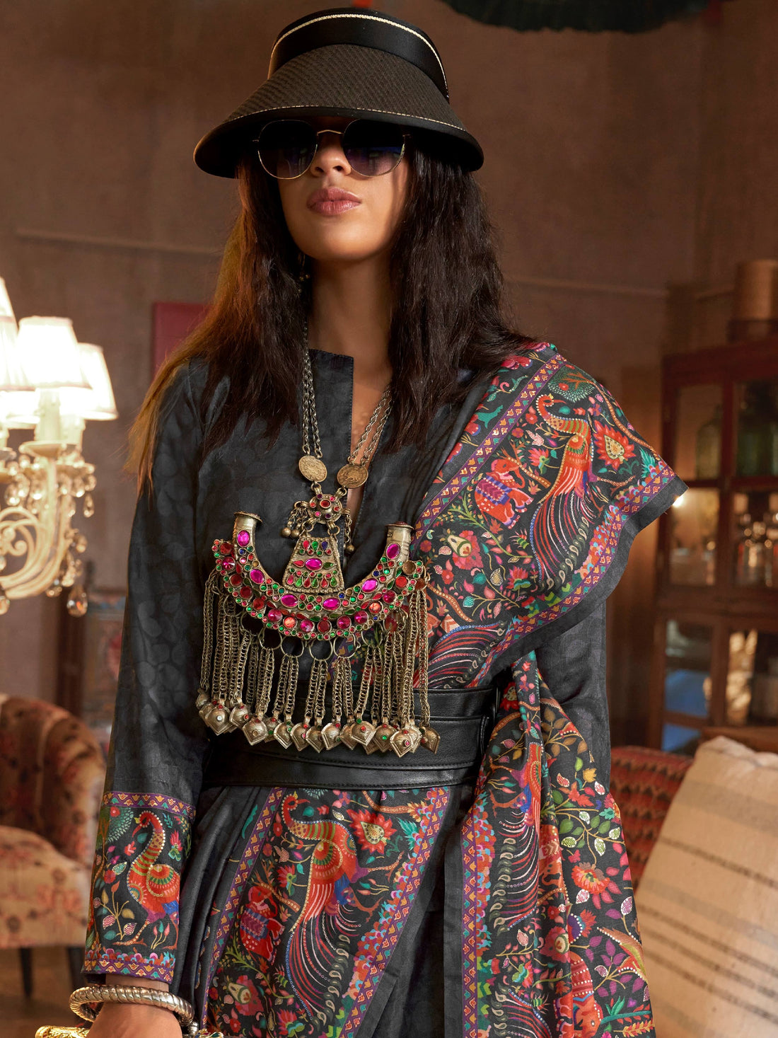 Stunning Black Digital Printed Silk Evening Wear Saree With Blouse