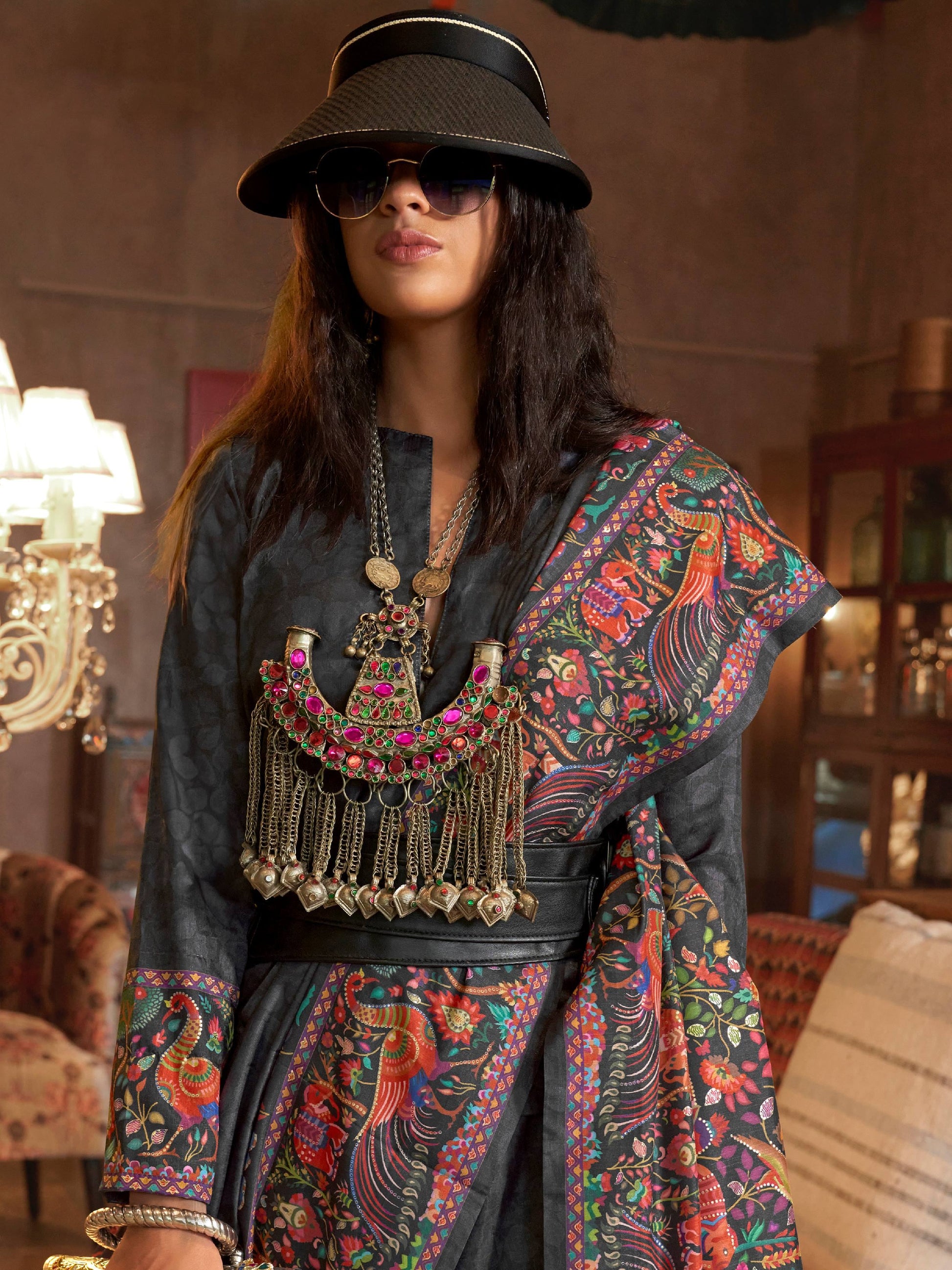 Stunning Black Digital Printed Silk Evening Wear Saree With Blouse