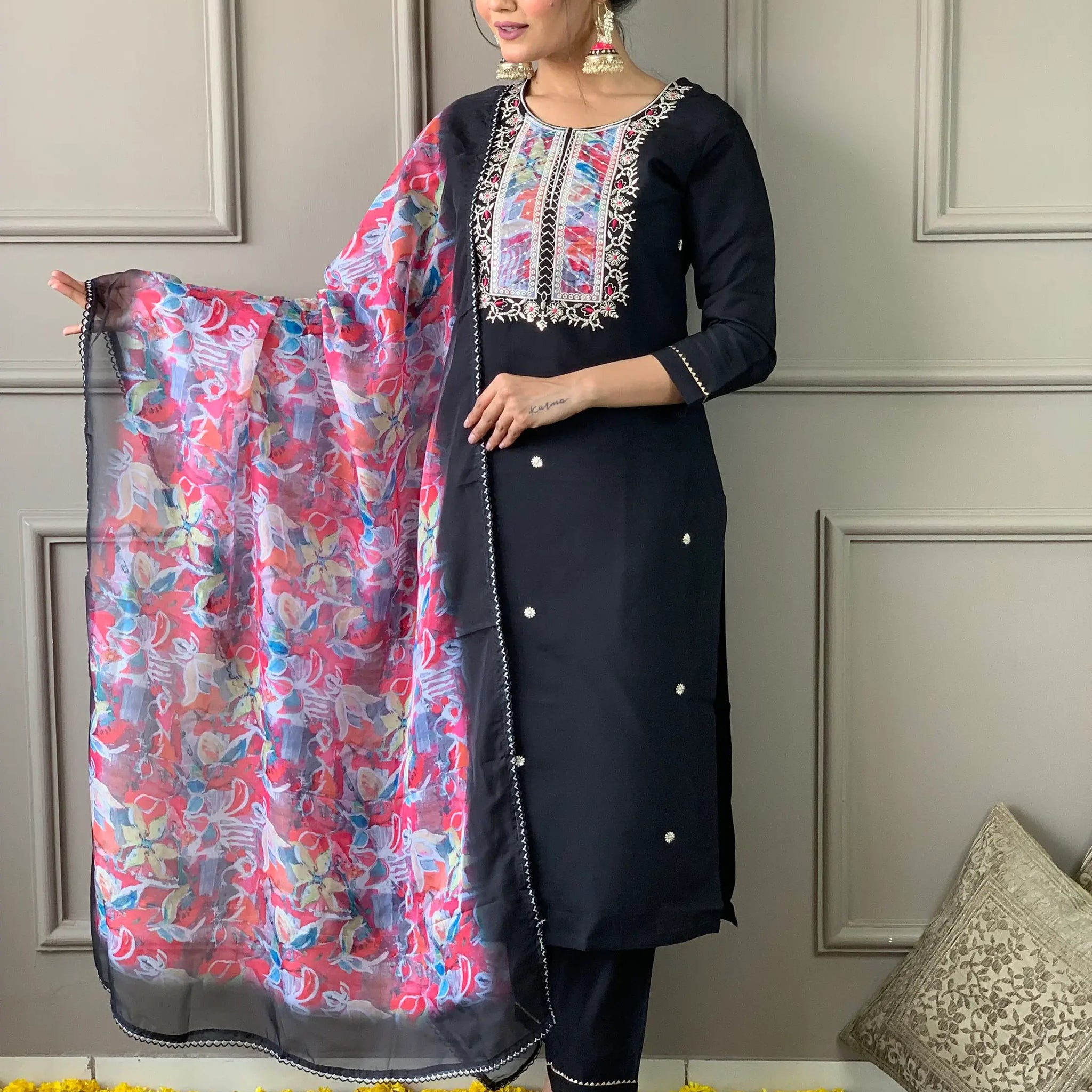 Stunning Black Embroidered Rayon Event Wear Pant Suit With Dupatta - Zeel Clothing