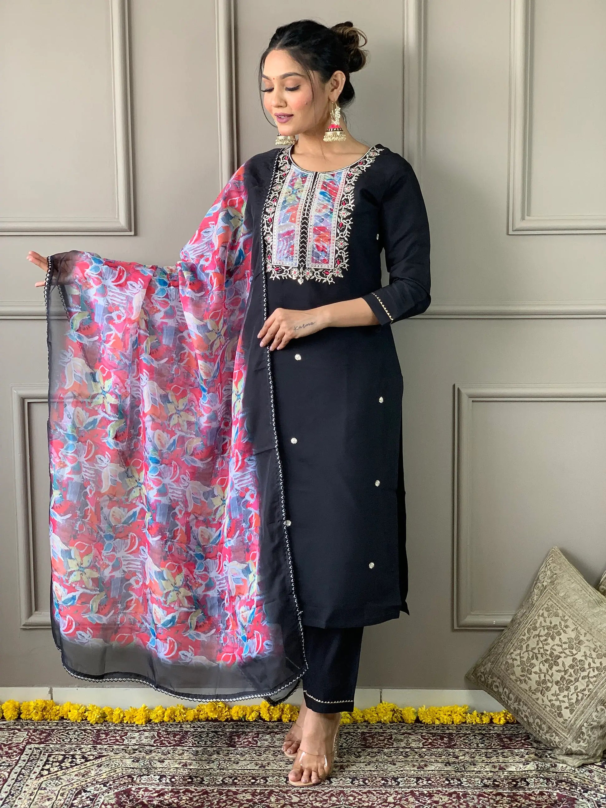 Stunning Black Embroidered Rayon Event Wear Pant Suit With Dupatta - Zeel Clothing
