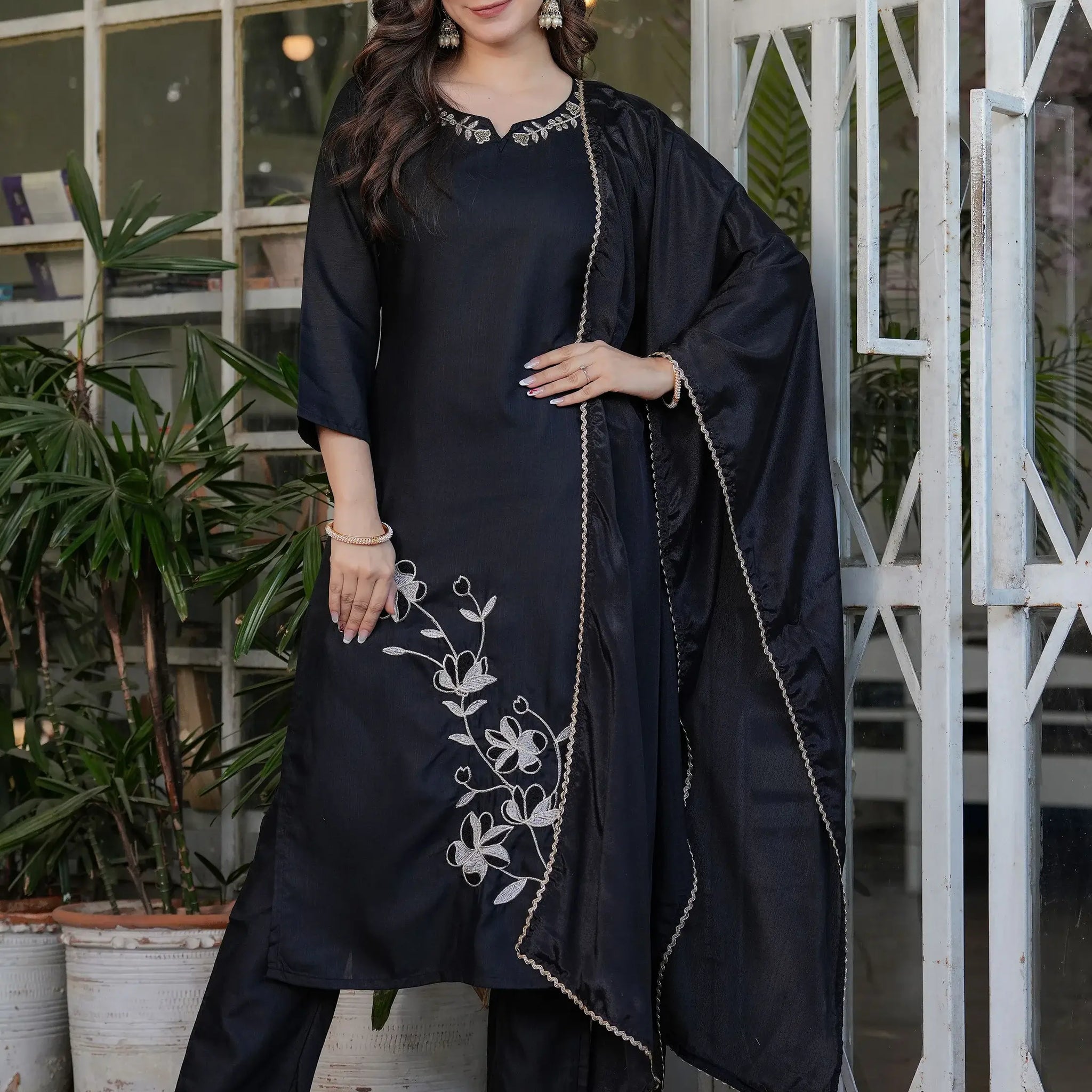 Stunning Black Embroidered Viscose Silk Pant Suit With Dupatta - Zeel Clothing