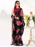 Stunning Black Floral Printed Chiffon Festive Wear Saree With Blouse