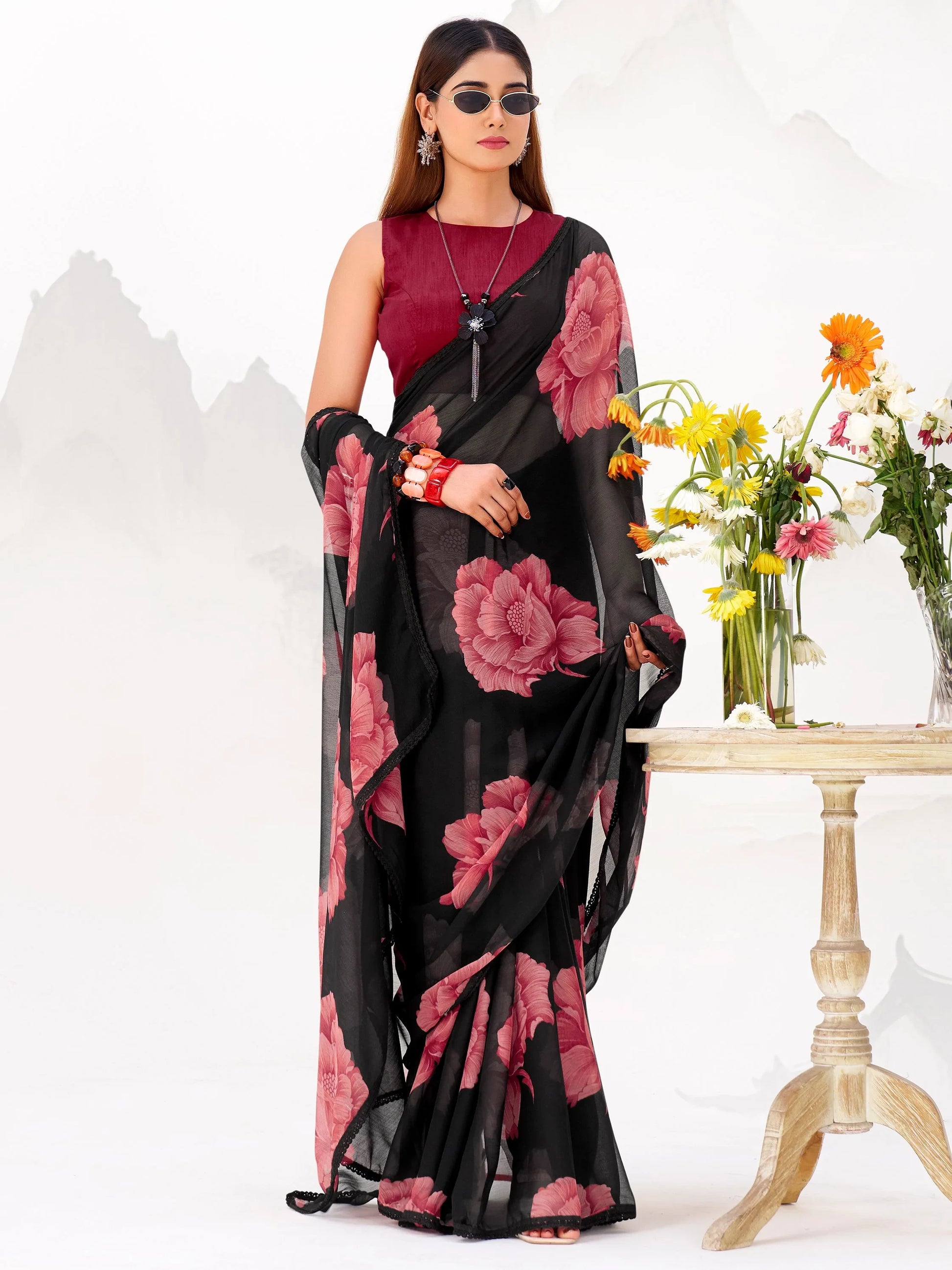 Stunning Black Floral Printed Chiffon Festive Wear Saree With Blouse