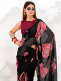 Stunning Black Floral Printed Chiffon Festive Wear Saree With Blouse