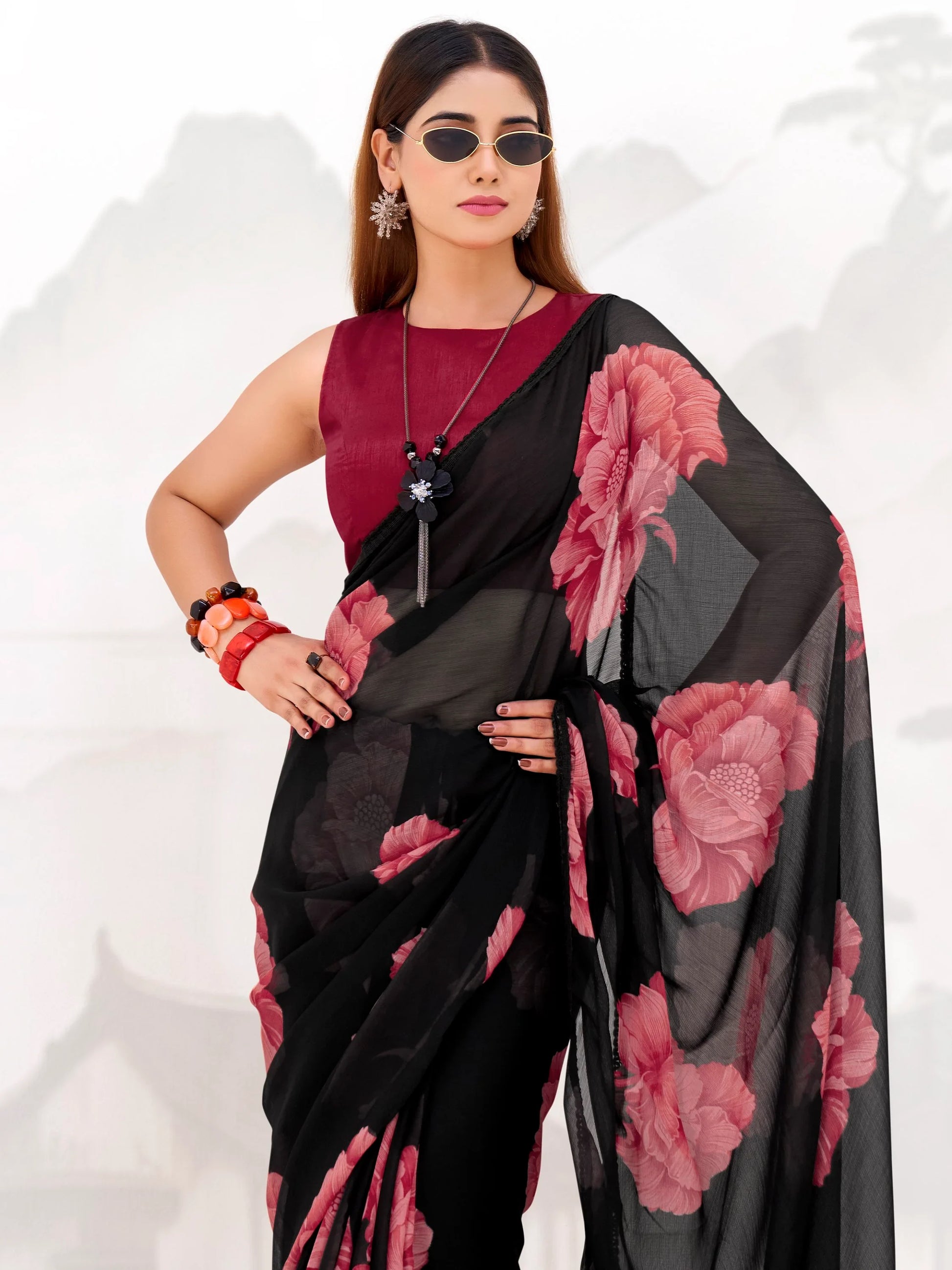 Stunning Black Floral Printed Chiffon Festive Wear Saree With Blouse