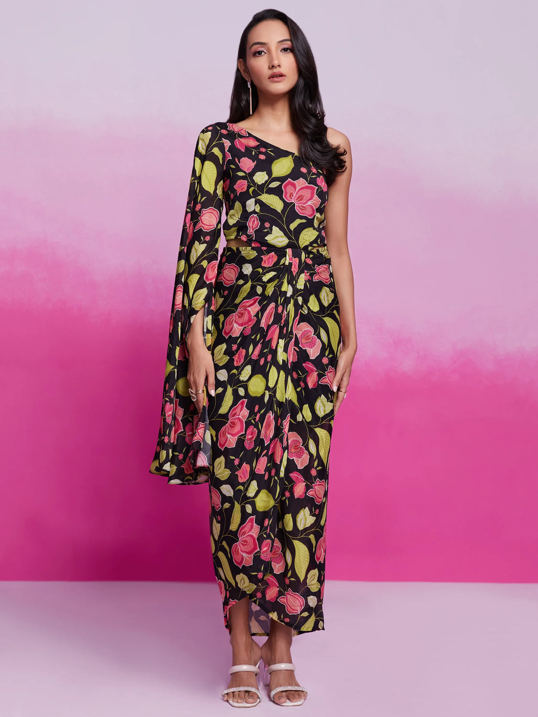 Stunning Black Floral Printed Chinon Silk Western Dress - Zeel Clothing