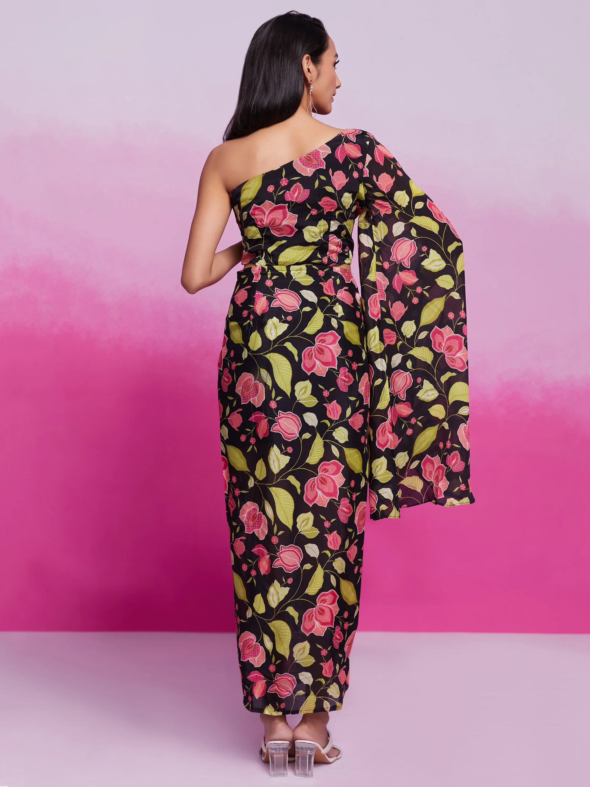 Stunning Black Floral Printed Chinon Silk Western Dress - Zeel Clothing
