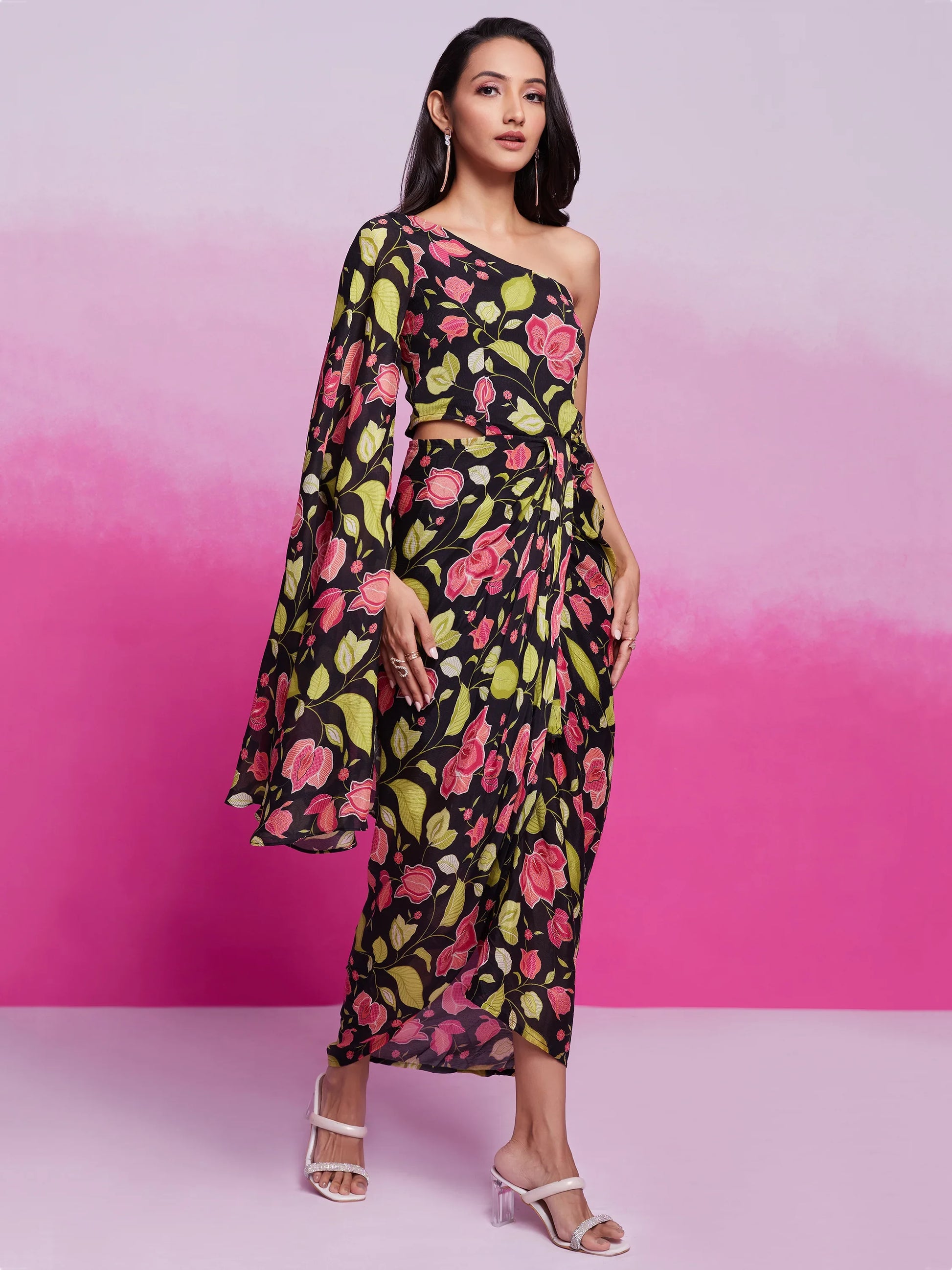 Stunning Black Floral Printed Chinon Silk Western Dress - Zeel Clothing