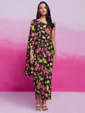 Stunning Black Floral Printed Chinon Silk Western Dress - Zeel Clothing