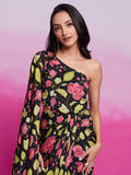 Stunning Black Floral Printed Chinon Silk Western Dress - Zeel Clothing