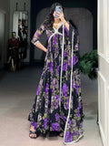 Stunning Black Floral Printed Georgette Traditional Gown With Dupatta - Zeel Clothing