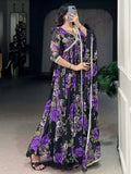 Stunning Black Floral Printed Georgette Traditional Gown With Dupatta - Zeel Clothing