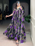 Stunning Black Floral Printed Georgette Traditional Gown With Dupatta - Zeel Clothing