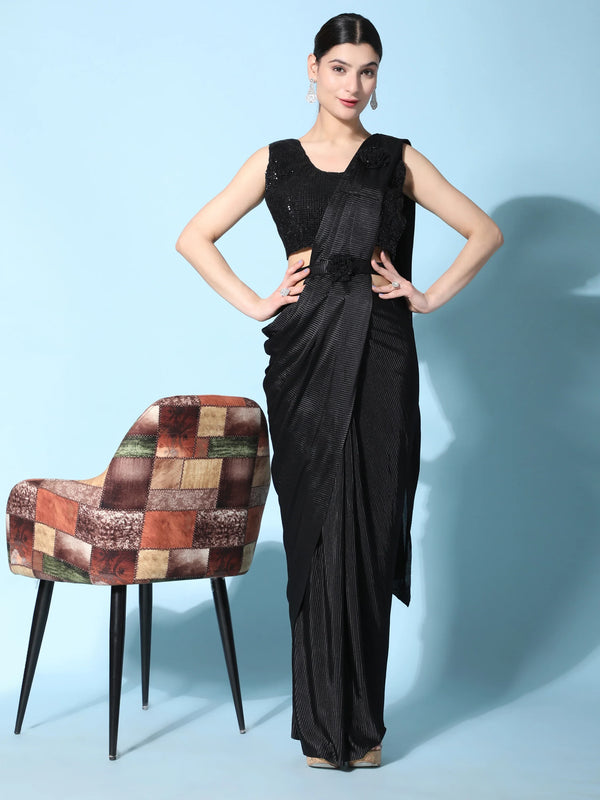Stunning Black Satin Readymade Reception Wear Saree With Blouse - Zeel Clothing