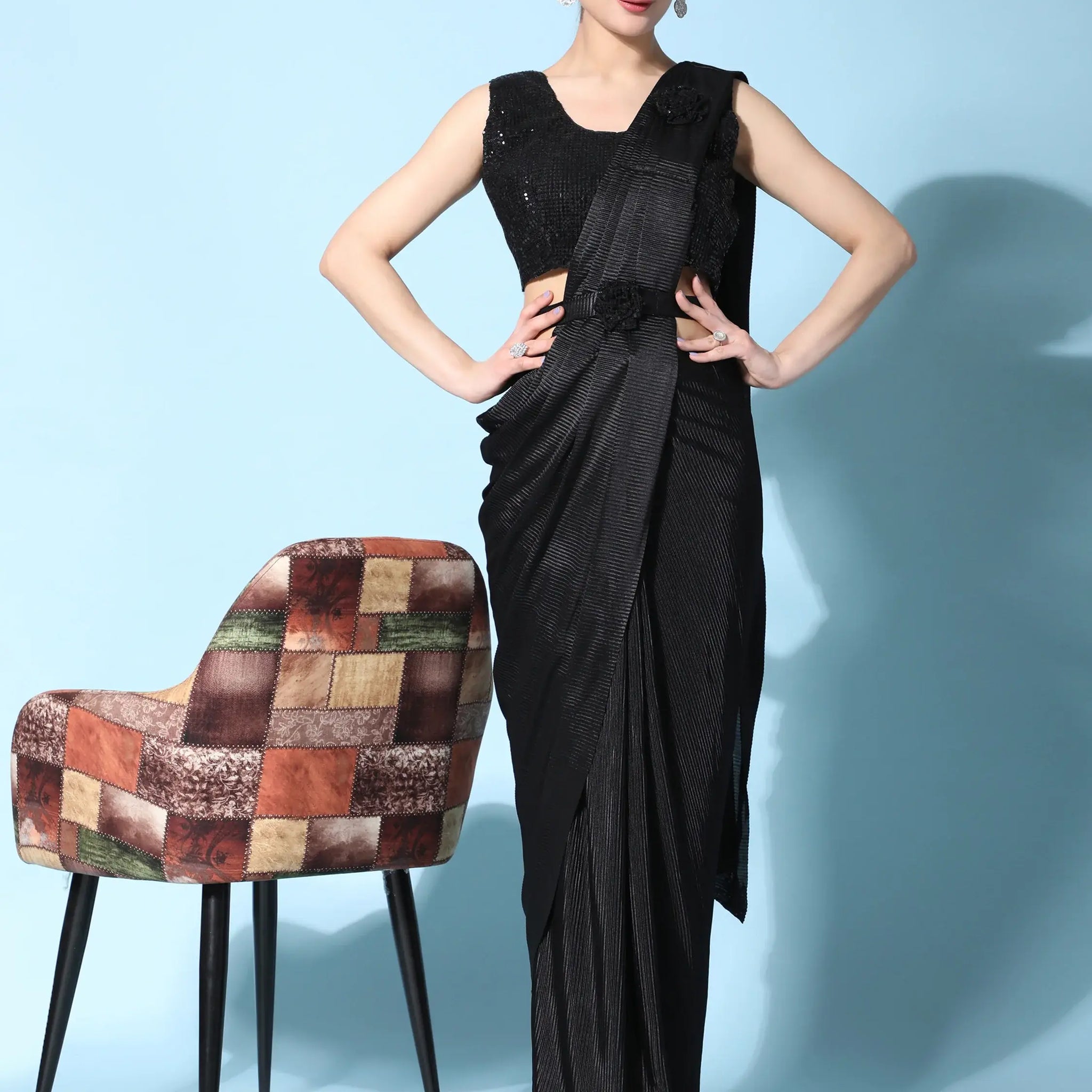 Stunning Black Satin Readymade Reception Wear Saree With Blouse - Zeel Clothing